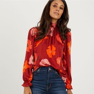 Tucker Stella Top Crimson Poppies in Stretch Silk Charmeuse Smocked Mock Neck